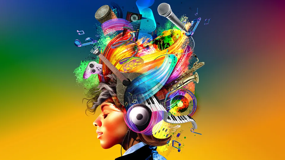 Abstract of person's mind filled with music related objects